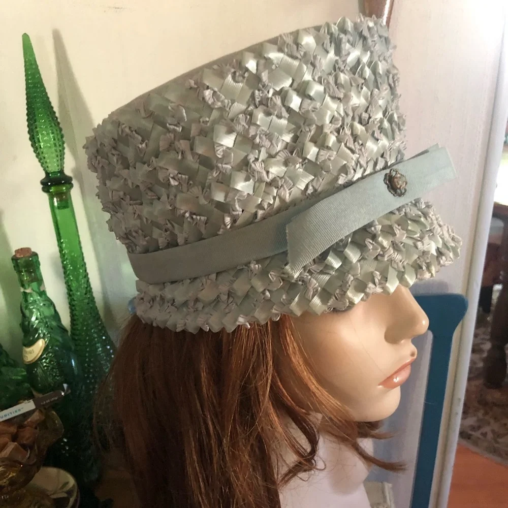 Vintage Baby Blue Raffia Straw Bucket Hat - Picture 2 of 7